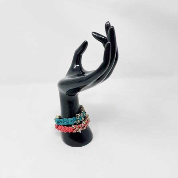 Boutique Set of 2 Braided Embellished Bracelets Teal Red Gold Tone Rhinestones - Picture 8 of 11